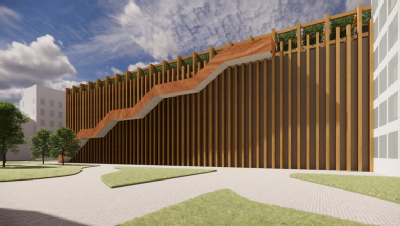 Schets nieuwe Spuihavengarage met watervaltrap.