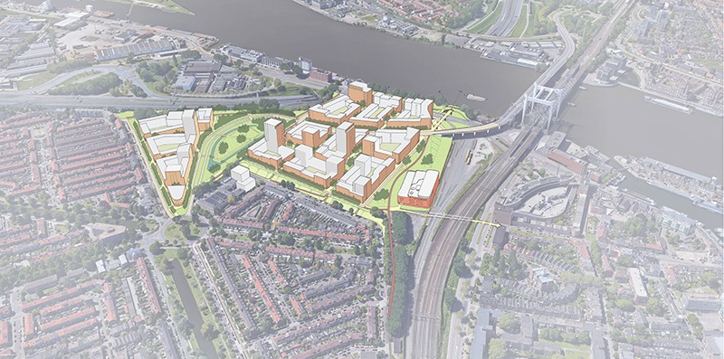 Een tekening van het Maasterras gezien vanuit de lucht. Je ziet de nieuwe woonwijk, de wegen, parken met de spoorlijn, een verkeersbrug, groen en wegen.