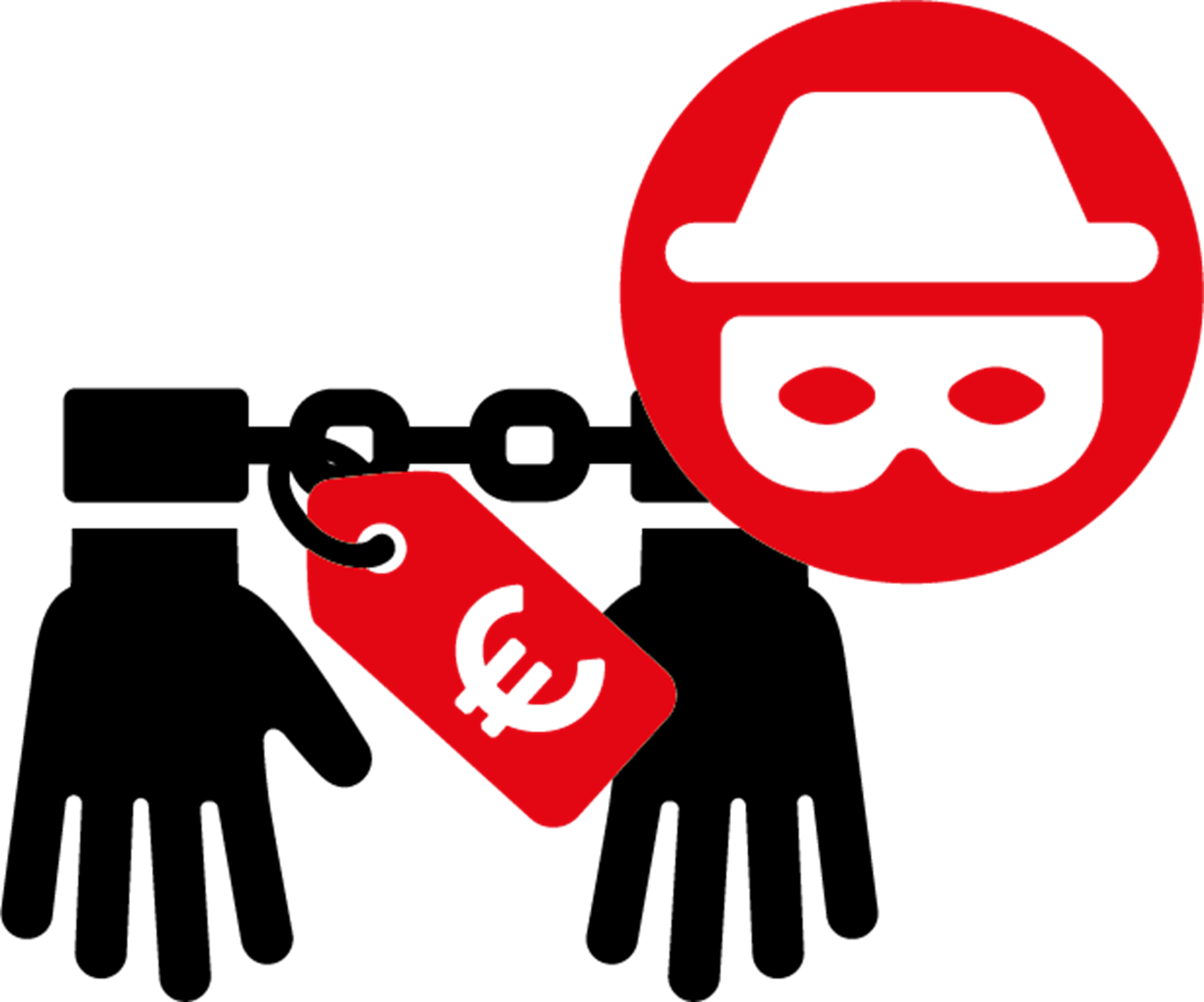 icoon van handboeien met geldsymbool en afbeelding van een crimineel – symbool voor georganiseerde criminaliteit