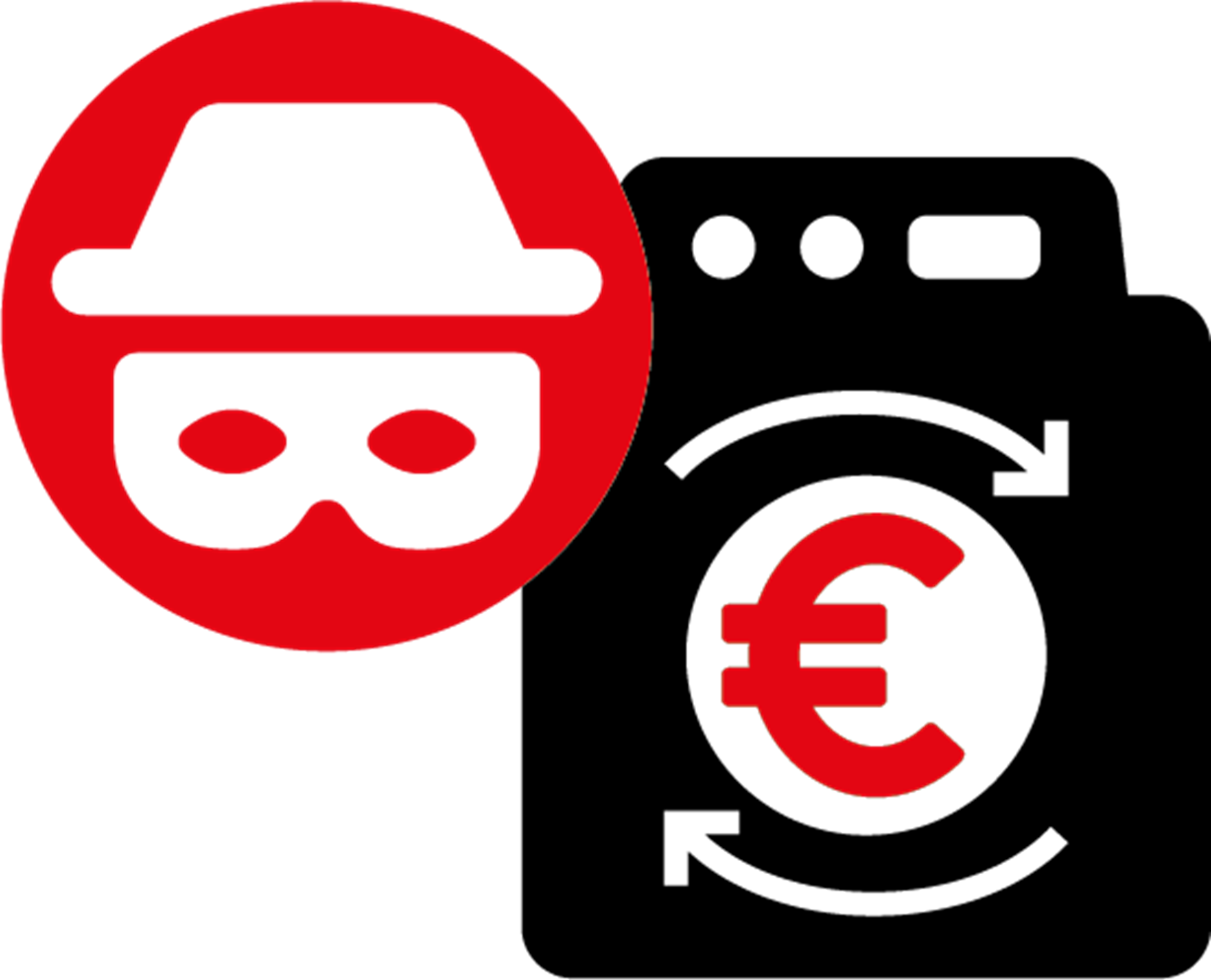 icoon van een crimineel figuur en wasmachine met euroteken – symbool voor witwassen van geld