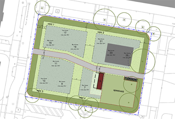 Plattegrond van terrein in Crabbehof waar tiny houses staan