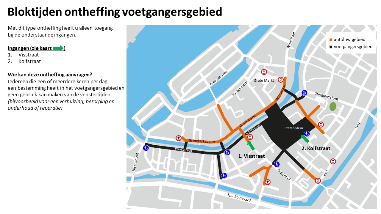 Kaart met het voetgangersgebied en de toegangen bij de Visstraat en de Kolfstraat.