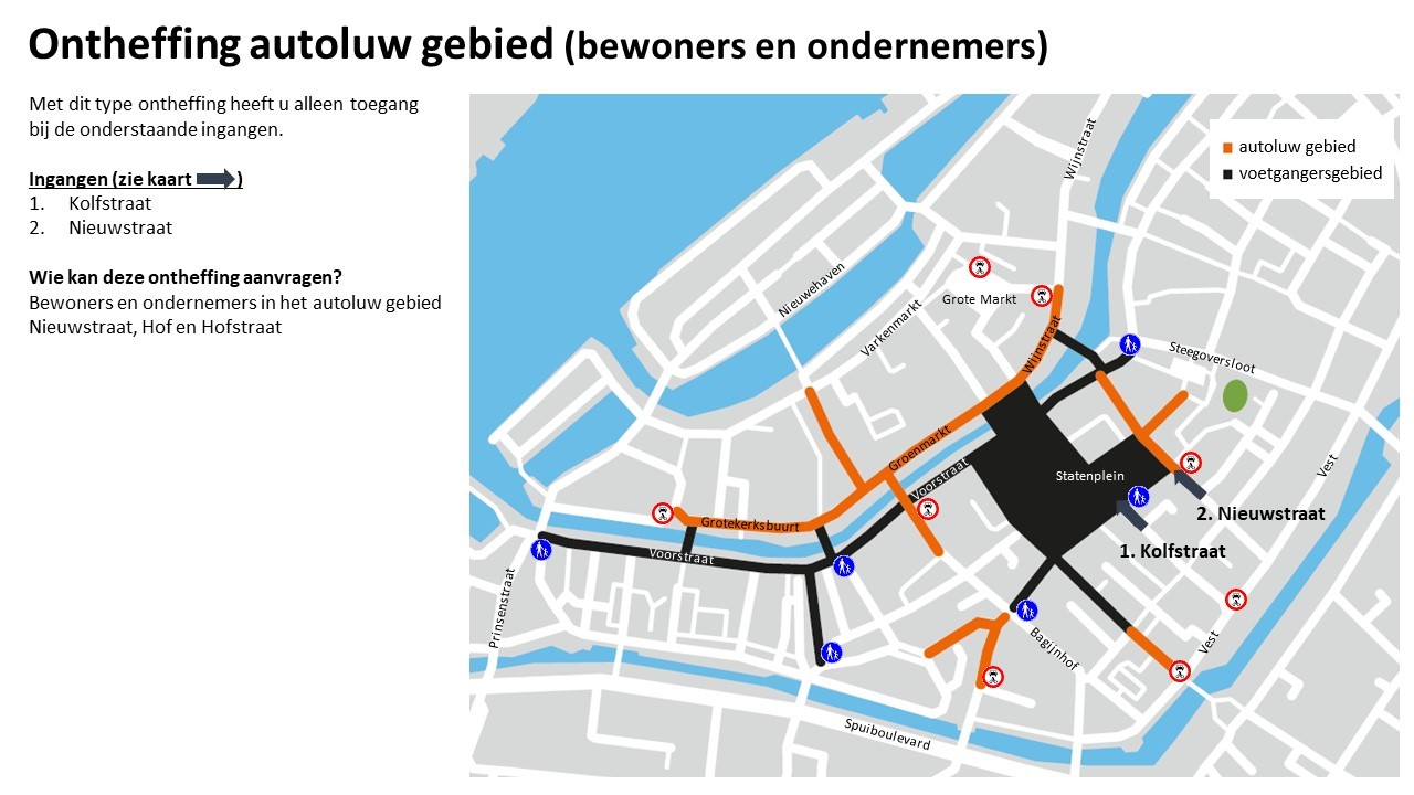 Kaart met de toegangen voor bewoners en ondernemers bij Kolfstraat en Nieuwstraat.