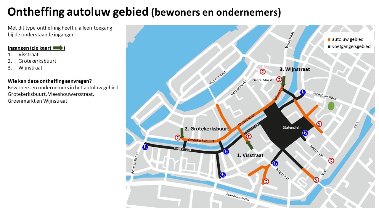 Kaart met de toegang voor bewoners en ondernemers bij de Visstraat, Grotekerksbuurt en Wijnstraat.