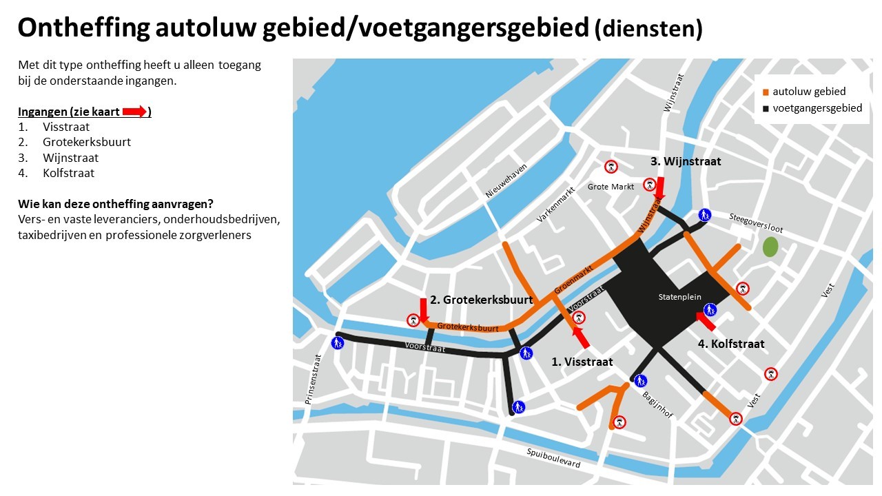 Kaartje met de toegangen voor bijzondere categorieën bij de Grotekerksbuurt, Wijnstraat, Visstraat en Kolfstraat.