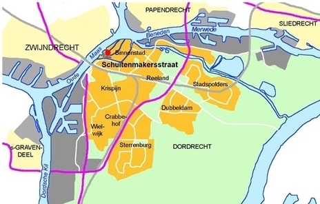 kaartje ligging 1e herziening Historische binnenstad, locatie Schuitnemakersstraat 1