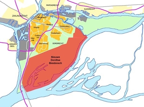 kaartje ligging Nieuwe Dordtse Biesbosch